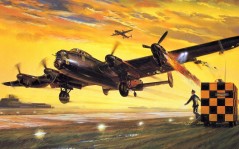 Английский бомбардировщик Lancaster выполняет посадку после трудного вылета(1940-1945г) / 1600x1200