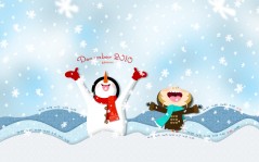 Снеговик и девочка ловят ртом снежинки, Новогодние / 1920x1200